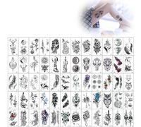 0 60 Feuilles Tatouages Temporaires, Fleurs, Papillons, Ailes Coquillage, Faux Tatouages Noirs pour Femmes et Filles, Tatouage Ephemere 3D Imperméables pour Enfants et Adultes.