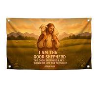 0,9 x 1,5 m Jésus chrétien avec une citation du drapeau de mouton - « I Am The Good Shepherd » avec 4 œillets en laiton - Drapeaux de Jésus en polyester pour chambre intérieure et extérieure