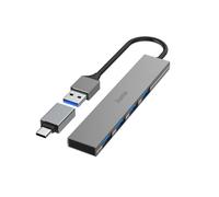 Hama Hub USB, 4 Ports, USB 3.2 Gen1, 5 Gbit/s, Ultra Slim avec Adaptateur USB-C, Garantie 30 Ans, Gris