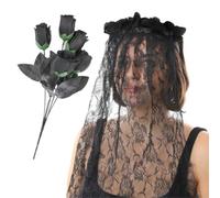 0207VP6XV5T Halloween pour Femmes mariée fantôme Voile & Gothique Noir Rose Bouquet de Fleurs - Parfait Jour des Morts Accessoire Déguisement - 3 accessibles au Grand Public - Noir Voile