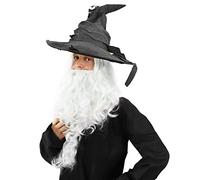 0207VP7WBMS Déguisement de sorcier pour adulte avec un chapeau gris + une perruque blanche + une barbe blanche.