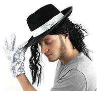 0505PIHS3VG ILOVEFANCYDRESS Chapeau Noir du Roi de la Pop à Bande Blanche + Une Perruque pour Adulte + Le Gant à Paillettes. Ideal pour Les enterrements de Vie de garçon.
