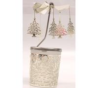 090TR23-G04-Carrousel photophore en métal argenté avec sapins de Noël - H 12 cm