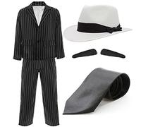 0910P1II8K4 Déguisement de Gangster avec Un Chapeau Blanc à Bande Noire + Une Veste + Un Pantalon + Une Cravate + Une Moustache pour Adulte. Ideal pour Les enterrements de Vie de garçon. (Small)