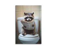 0raton laveur assis sur les toilettes lisant un journal_ Humour de salle de bain Humour _ Décoration murale Impression drôle d'animal _ Home S-1_4 Poster décoratif sur toile murale et art imprimé