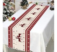 0XBIT 2 Pièces Chemin de Table de Noël Rouge 32 x 180 cm, Motif de L'élan en Lin, Long pour Nappe de Table pour Intérieur Vacances Fête Décor