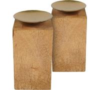 1.10 Bougeoirs en bois - set de 2 - avec assiette à bougies dorée - env. 14,5 x 7,5 cm