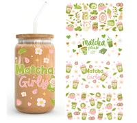 1/2/4 pièces Autocollants UV DTF pour tasses Matcha Lover Thé Vert Café, convient pour les tasses en verre de 16 oz, autocollants UV DTF style Latte Fraise Glacée Matcha Girl, convient pour les boutei