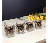 1-2-4 pièces Tasse en verre double paroi avec anse, mug à café floral, réutilisable, isolé pour boissons chaudes et froides comme l'espresso, le lait, le cappuccino. Idéal pour la Saint-Valentin et le