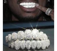 1/2 décoration de dent en or plaqué or 18 carats avec zircone cubique, style hip hop brillant. Grills pour dents supérieures et inférieures (10 dents). Décoration de dents punk, bracelets d'Halloween,