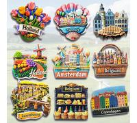 1/2 pièces Aimants de réfrigérateur en résine, souvenirs de voyage des Pays-Bas, de Belgique, du Luxembourg, du Danemark, d'Amsterdam, de Bruxelles, de Copenhague. Tulipes, moulin à vent, décorations