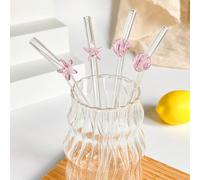 1/2 pièces Paquet de pailles à boire en verre transparent incurvées et résistantes aux éclats, réutilisables, avec ornement en coquillage d'étoile de mer rose et embout de paille, pour boissons fraîch