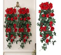 1/2 pièces Plantes suspendues artificielles de roses rouges avec feuilles vertes, guirlande de roses rouges artificielles pour intérieur/extérieur, maison, jardin, porte d'entrée, porche, mariage, cou