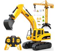 1:24 Pelleteuse Télécommandée pour Enfants 3-9 Ans, Camion Tractopelle Enfant Jouet 2.4GHz avec Grue et Accessoires (Barrières), Exterieur Jouet de Construction, Cadeau d'Anniversaire Noël Enfants