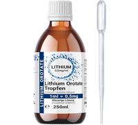 1× 250 ml de solution de lithium orotate 0,5 mg/ml - Solution de lithium - Eau ultra pure - Bouteille en verre ambré avec pipette - Qualité supérieure - Fabriqué en Allemagne - 99,9 % de pureté