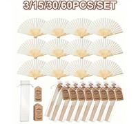 1/3/15/30/60pcs Ensemble d'éventails blancs élégants, comprend une carte de remerciement et un sac cadeau, éventail pliable à main en bambou pour mariée, convient comme cadeau pour demoiselle d'honneu