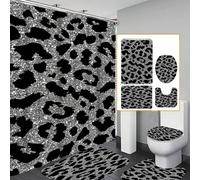 1/3/4 pièces Ensemble de salle de bain à imprimé léopard noir pailleté argent, comprend rideau de douche, tapis de toilette en U, tapis de bain antidérapant, couvercle de toilette et 12 crochets. Fabr