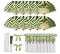 1/3/5/36/18/24/60 pièces Set d'éventails pliants de mariage, comprenant une carte de remerciement et un sac cadeau, éventail pliant vert avec sac transparent et nœud, cadeaux de mariage, cadeau DIY am