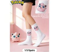 1/3/5 paires de chaussettes mi-mollet souples et respirantes avec imprimé mignon de dessins animés Pokémon. Talon et orteil renforcés pour une meilleure durabilité. Unisexe pour toutes les saisons 1 p