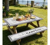 1/3 pièces Ensemble de nappe de pique-nique élastique imprimée pour le camping, comprend une housse de banc et une nappe de table rectangulaire élastique, design à carreaux noir et blanc, convient pou