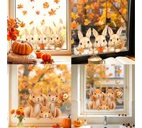 1/4 pièces Autocollants de fenêtre statiques Lapin & Écureuil qui regardent en automne, Design de feuille d'érable, Décalcomanies en verre réutilisables sans colle DIY pour la maison, le café, la cuis