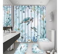 1/4 pièces Ensemble de rideaux de douche avec motif de tortue de mer, style plage océan bleu et vert, décoration de salle de bain, rideau de douche imperméable en polyester de 180 x 180 cm avec 12 cro