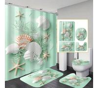 1/4 pièces Ensemble de rideaux de douche thème océan vert, étoile de mer, coquillage et corail, en tissu de polyester pour baignoire, cadeau, multi-tailles, avec 12 crochets, décoration de salle de ba