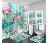 1/4 pièces Ensemble de salle de bain sirène et tortue, comprend rideau de douche, tapis de bain, tapis en forme de U, couvercle de toilette et 12 crochets, taille 70.87x70.87 pouces, motif sirène tort