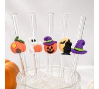1-5 pièces Pailles en verre transparent réutilisables, design mixte Halloween, formes de maison citrouille, fantôme, chapeau de sorcière, château hanté, convient pour le thé à bulles, l'eau pétillante