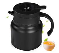 1.5l Thermos, Cafetière en acier inoxydable, Thermos café 304 Acier Inoxydable Double-Wall Vacuum, Pichet isotherme avec affichage de la température pour Eau Chaud au Bureau Hôtel et Restaurant (Noir)