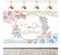 1.5x1m Toile de Fond Gender Reveal Fleur Rose ou Bleue Herbe de Pampa He Or She What Will Baby Be Fond Photographique Fête de la révélation du Sexe Gâteau Décorations de Table Photo Booth Props