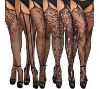 1-6 paires de bas sexy en dentelle jacquard effet plastique noir pour femmes, style européen et américain, bas porte-jarretelles, chaussettes longues sexy (culotte non incluse) XS-M,L-XXLÉtoffe