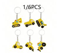 1/6 pièces Porte-clés en caoutchouc de véhicule de construction de dessin animé pour garçon, bulldozer, excavatrice, camion toupie, pendentif de décoration de bagage. Convient pour offrir en petit cad