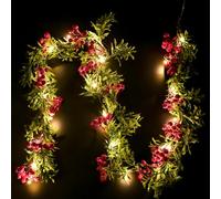 1.8 Mètre Guirlande Noel,Chaîne Légère de 2 Mètres de Long avec 20 Perles LED,63 Baies Rouges et Feuilles Vertes Enneigées pour la Décoration de Noël Intérieure (Style A)