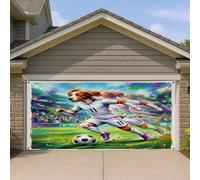 1,8 x 4 m 2026 Soccer Brittanys Dog Couverture de porte de garage Couverture Couverture de porte de garage Match Day Puppy Dribble Passé Porche Art Mural Intérieur Extérieur Décoration de Photographie