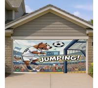 1,8 x 4 m 2026 Soccer Pitbull Dog Couverture de porte de garage Motif chiot sautant en tête de tir d'en-tête Décoration murale d'intérieur ou d'extérieur Décoration de photographie sportive Fond photo