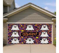 1,8 x 4 m - Couverture de porte de garage - Motif chien schnauzer amusant - Motif fantôme effrayant - Décoration murale d'intérieur et d'extérieur - Décoration murale effrayante pour photographie