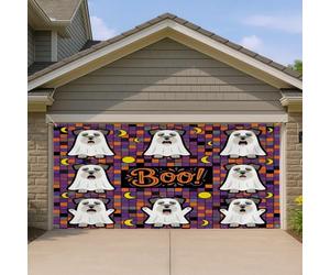 1,8 x 4 m - Couverture de porte de garage - Motif chien schnauzer amusant - Motif fantôme effrayant - Décoration murale d'intérieur et d'extérieur - Décoration murale effrayante pour photographie