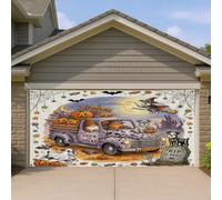 1,8 x 4 m Halloween Gnome Camion Schnauzer Chien Garage Porte Bannière Couverture Couverture Fun Effrayant Motif Effrayant Décoration Murale Intérieur Extérieur Photographie Fond Photo à Suspendre