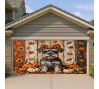 1,8 x 4 m - Motif chien schnauzer d'automne rustique - Bannière de porte de garage - Impression en bois - Décoration murale d'intérieur et d'extérieur - Décoration de photographie cool - Fond photo à