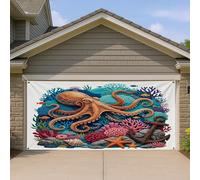 1,8 x 4 m - Style été - Pieuvre de mer - Bannière de porte de garage - Corail cool - Décoration murale d'intérieur ou d'extérieur - Décoration murale - Océan - Photographie sous-marine - À suspendre