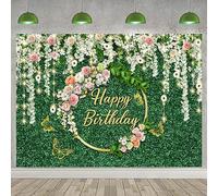 1.8x1.2m Toile de fond anniversaire Feuilles vertes Floral Happy Birthday Sign Poster Photographie Background Femmes Filles Princesse Birthday Party Indoor Outdoor Decorations Banner Photo Booth Props