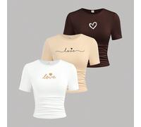 1 achetée, 2 gratuites, Lot de 3 pièces, T-shirts court ajustés à col rond, manches courtes avec imprimé vintage "American Sweet Love" sur le devant, en tricot de couleur unie, style minimaliste décon