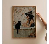 1 affiche gothique « Réflexions dans la baignoire », jolie décoration murale fantaisiste, affiche sur toile pour amoureux des chats noirs (40 x 60 cm/cadre intérieur)