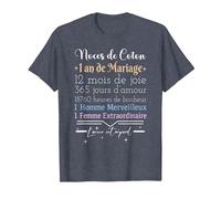 1 an de Mariage | Anniversaire de Mariage - Noces de Coton T-Shirt, Homme, Bleu Chiné, XL