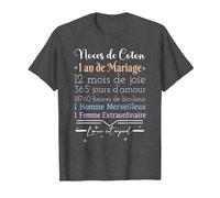 1 an de Mariage | Anniversaire de Mariage - Noces de Coton T-Shirt, Homme, Chiné Foncé, 5XL
