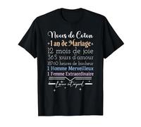 1 an de Mariage | Anniversaire de Mariage - Noces de Coton T-Shirt, Homme, Noir, M