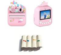 1 appareil photo numérique pour enfants avec objectifs, coque de protection en ABS, lecteur de carte mémoire de 32 Go et 4 rouleaux de papier photo, étui en ABS, papier photo, portable, voyage