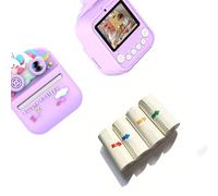 1 appareil photo numérique pour enfants avec objectifs, coque de protection en ABS, lecteur de carte mémoire de 32 Go et 4 rouleaux de papier photo, étui en ABS, papier photo, portable, voyage