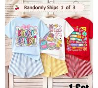 1 article aléatoire parmi 3 pièces Ensemble T-shirt à manches courtes avec imprimé graphique lettres retour à l'école et short rayé pour filles, convient pour le port quotidien printemps/été, les acti